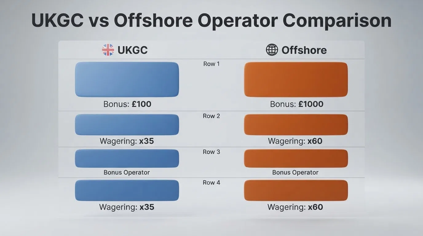 A side‑by‑side table mock‑up showing silhouette operator cards arranged in two columns — five cards labelled "UKGC" and five labelled "Offshore" — with bonus and wagering figures beneath each card