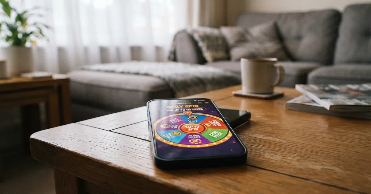 A brightly lit smartphone screen displaying a colourful casino prize wheel with free-spin segments and a “Spin Now” button, over a blurred background of a UK living room