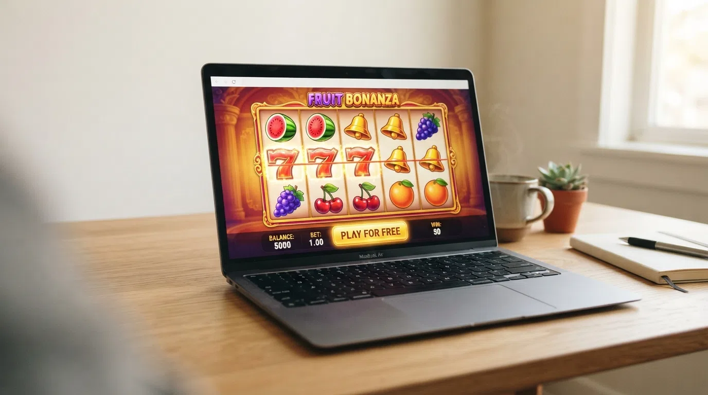 A laptop screen showing a colourful online slot game in a web browser with no login or sign-up prompt visible, a “Play for Free” button highlighted
