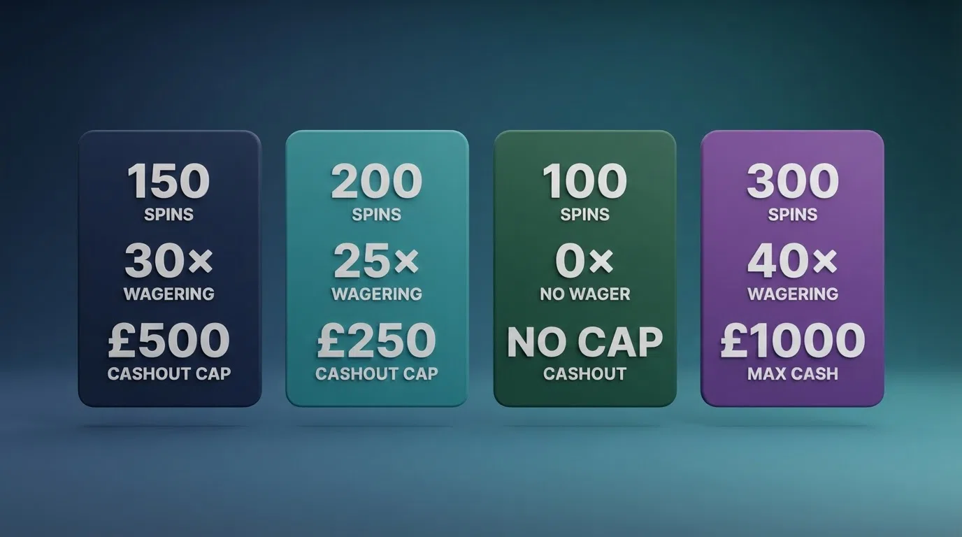 A side-by-side visual of free-spin counts, wagering requirements and cashout caps for several featured operators, presented as simplified comparison cards