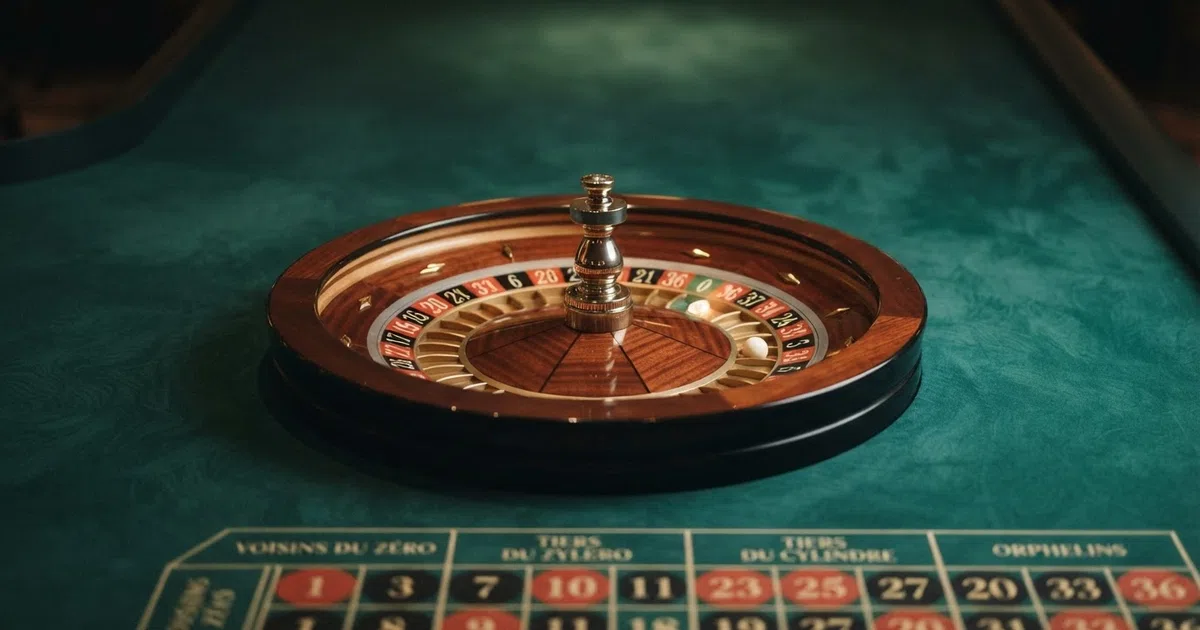 A French roulette wheel showing the single zero pocket against green baize, with the racetrack betting layout printed alongside the standard grid