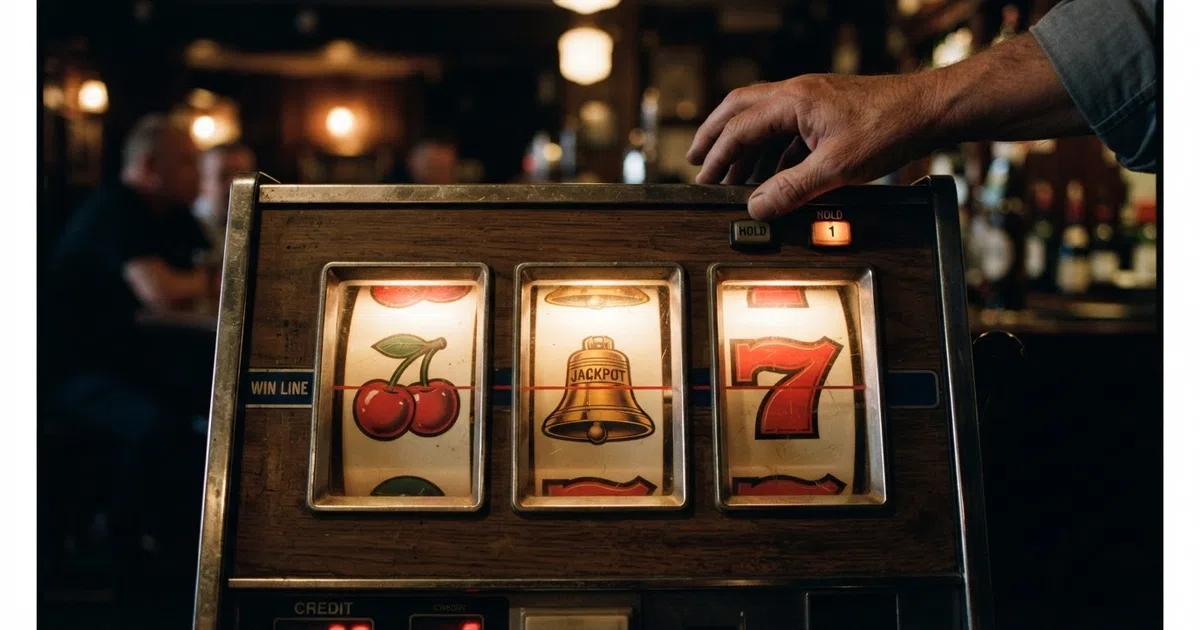 A row of three classic fruit machine reels showing cherry, bell and red-7 symbols against a dark casino background, with the middle reel stopped on a winning line