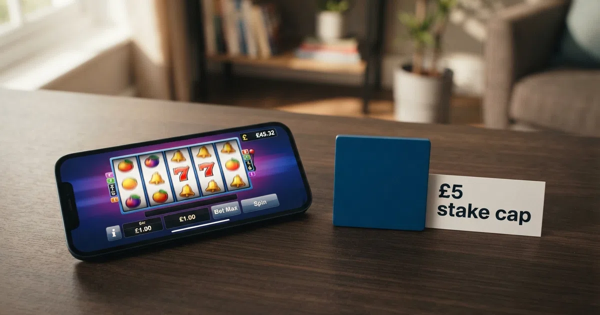 A smartphone displaying a UK-licensed online slot game beside a UK Gambling Commission licence badge and a £5 stake-cap notice