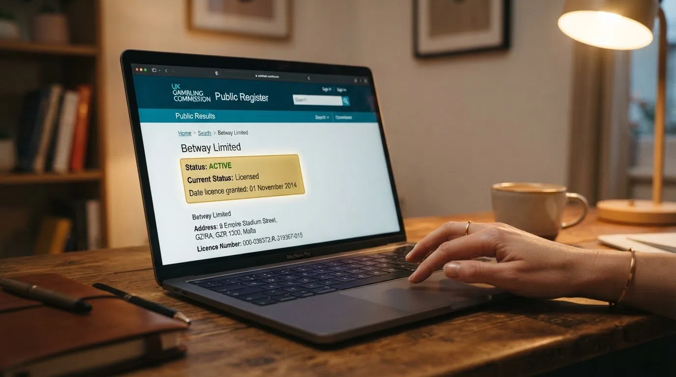 A laptop screen showing a Gambling Commission register search with a licence-status result highlighted