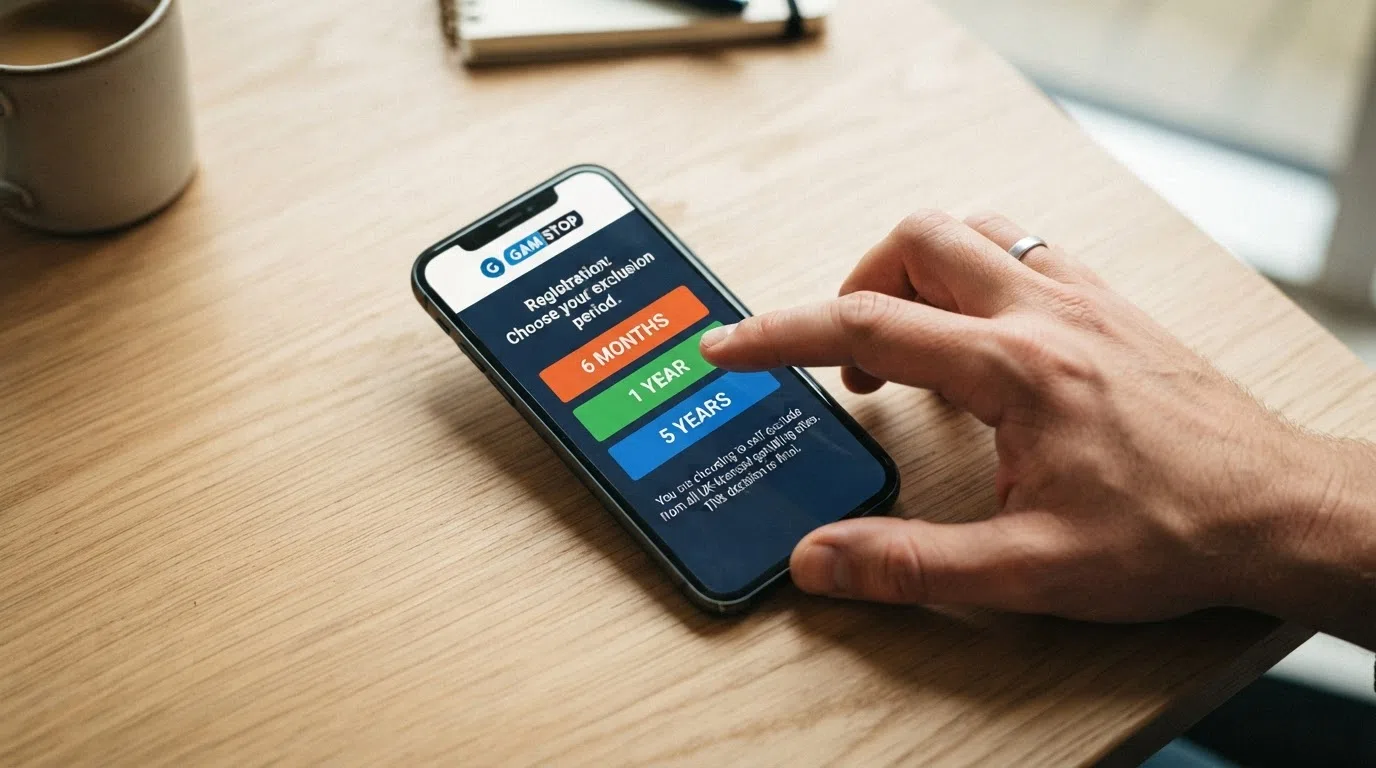 A smartphone showing the GamStop registration screen with exclusion period options — six months, one year, and five years — visible on the display