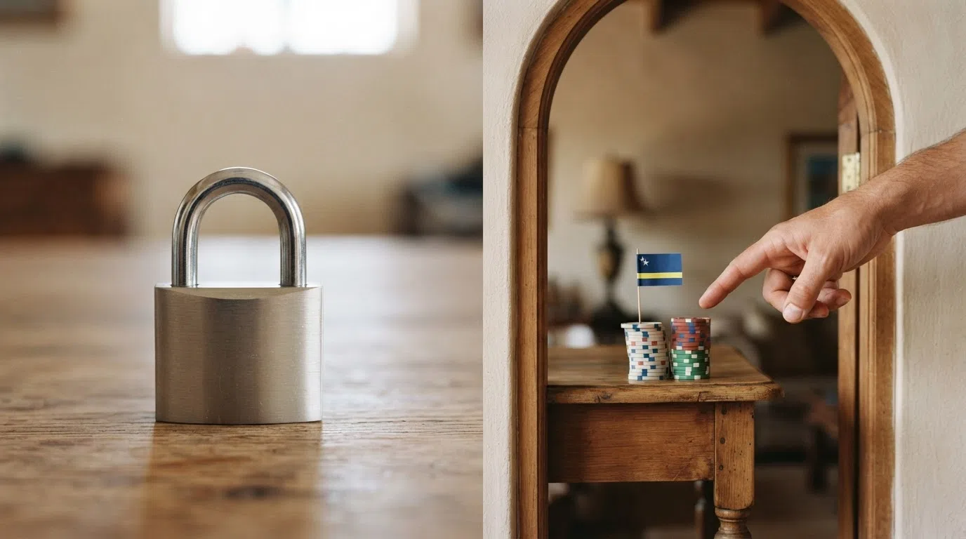 A split visual composition — a locked padlock bearing the GAMSTOP wordmark on the left side and an open doorway marked with a Curacao flag and casino chips on the right, with a mouse cursor hovering between them