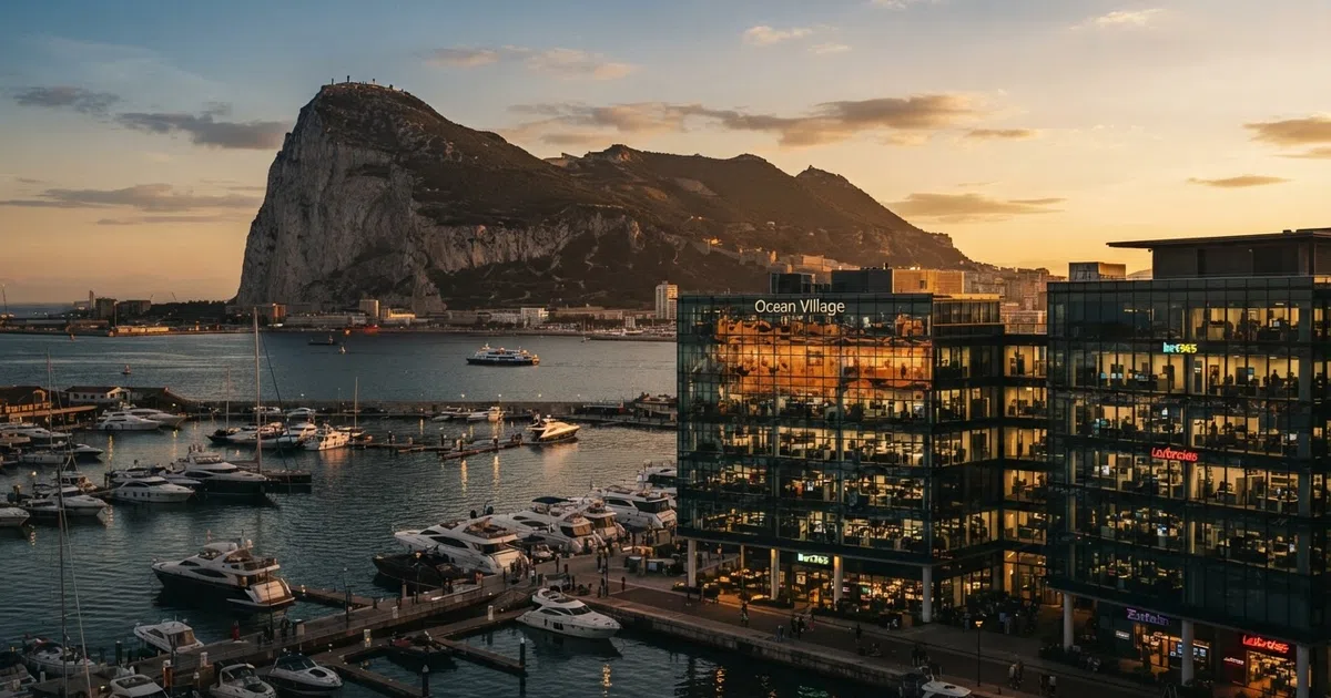 A wide photograph of the Rock of Gibraltar seen from the Bay, with the modern office buildings of the Ocean Village marina complex visible at its foot — the physical home of the gambling hub this page examines