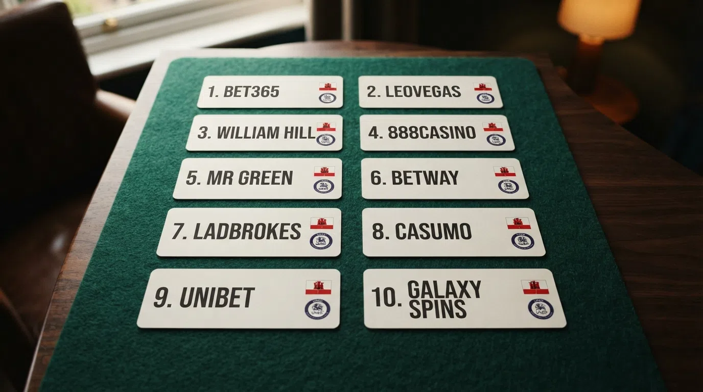 A grid or cards layout displaying the logos of the ten featured operators arranged in ranked order, with the Gibraltar flag and UKGC logo as small badges beside each brand name