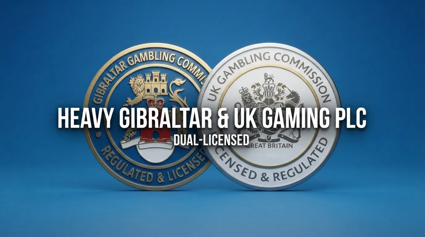 A clean infographic showing two overlapping licence badges — the Gibraltar Gambling Commissioner seal on the left, the UK Gambling Commission logo on the right, with a single operator name spanning both and the label “DUAL-LICENSED” beneath