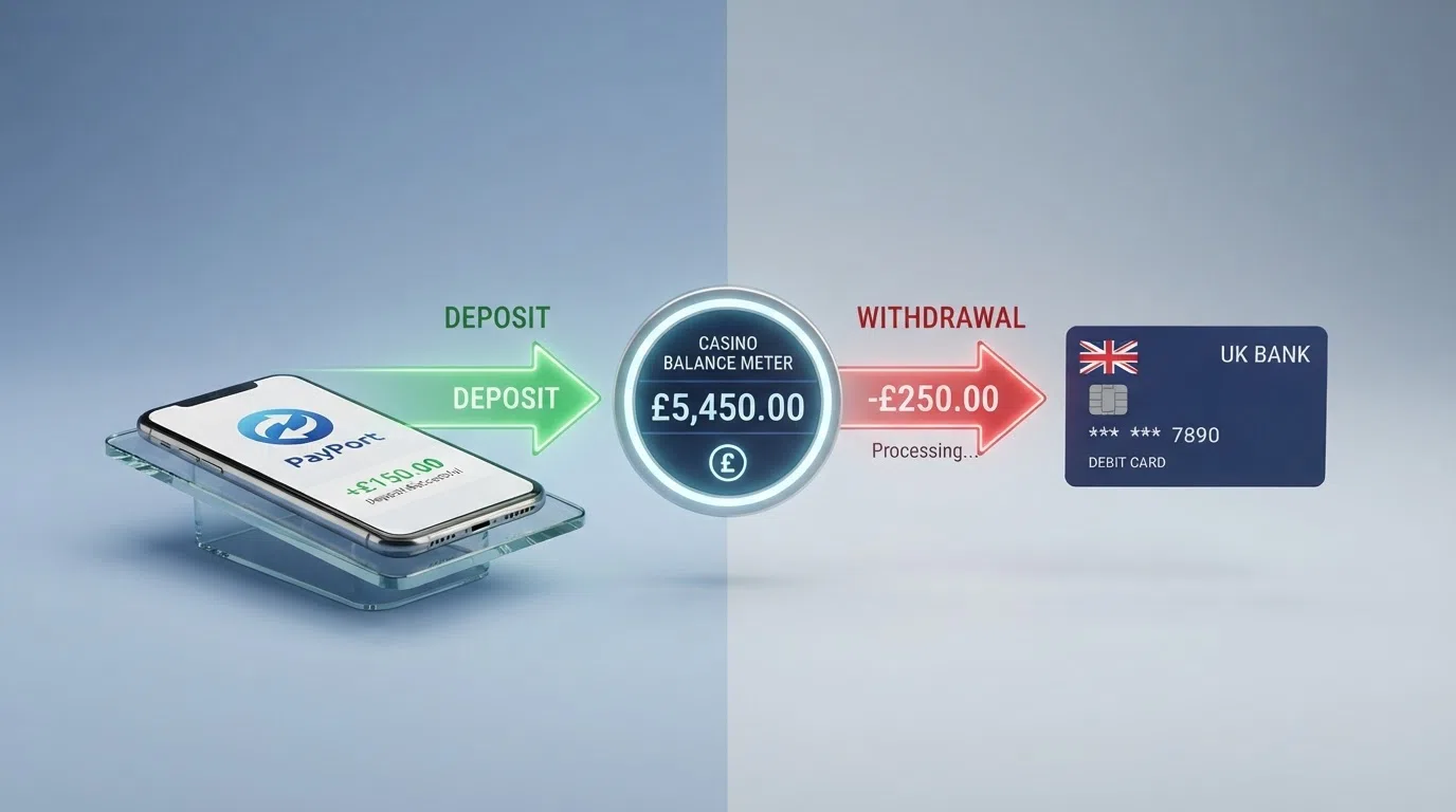 A split-screen diagram: one side showing the Google Pay deposit arrow pointing into a casino balance, the other side showing a separate bank-transfer arrow pointing out to a UK bank account