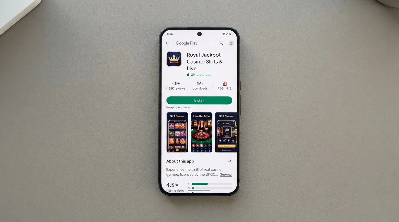 An Android phone screen displaying the Google Play Store listing for a UK-licensed casino app, showing the Install button, the app rating and the developer name with a padlock icon