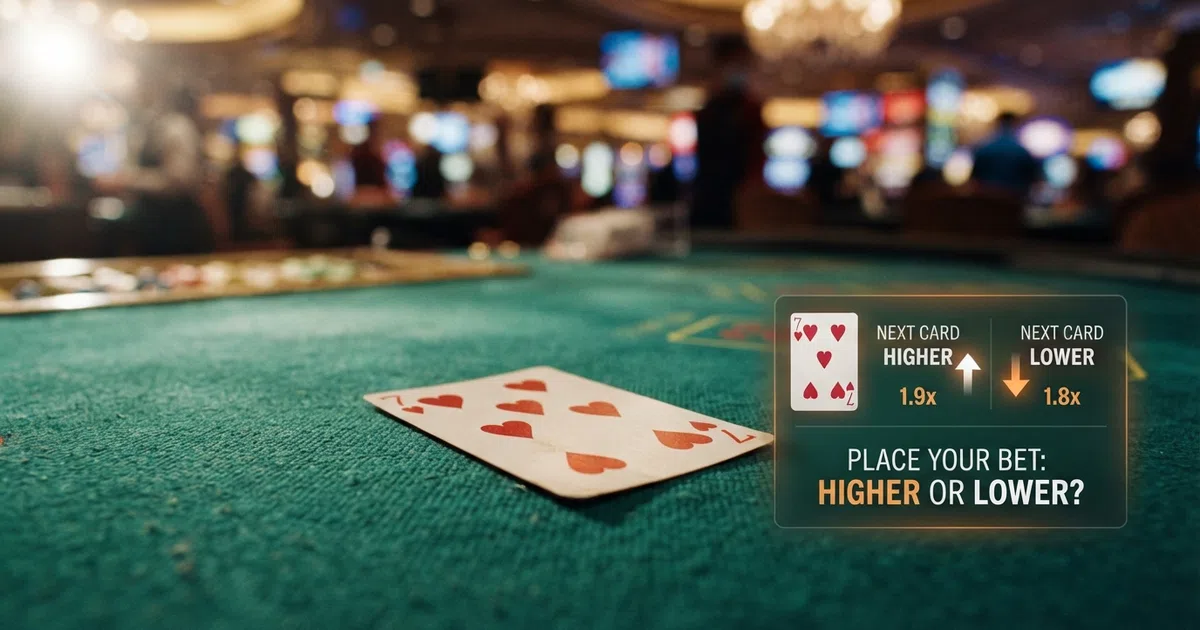 A playing card face-up on a green casino table felt, with a higher-or-lower betting interface overlay visible on one side