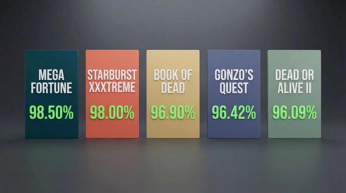 A side-by-side comparison of five slot-title cards with their RTP percentages highlighted in green, arranged from 98.50% down to 96.09%