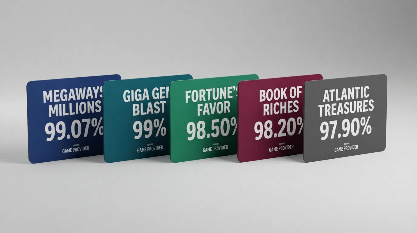 Five slot-title cards arrayed in descending RTP order, each showing the game's name, its percentage figure in large type, and the provider logo beneath