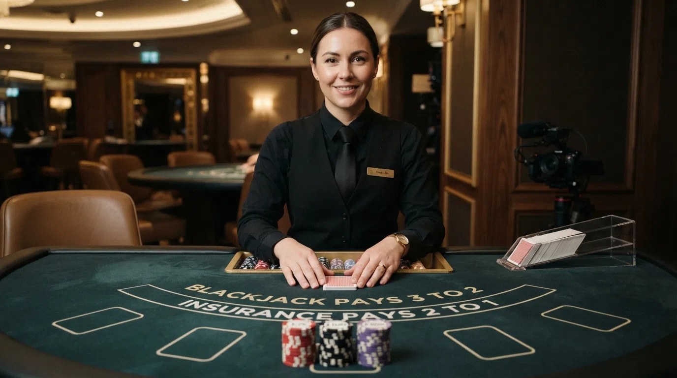 A live-dealer blackjack table in a private casino salon with high-denomination chips stacked beside the betting area and a formally dressed dealer addressing the camera.