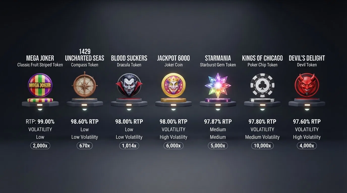A side-by-side visual comparison of the top seven highest-RTP slot titles with their RTP percentages, volatility labels and max-win figures displayed as a clean infographic