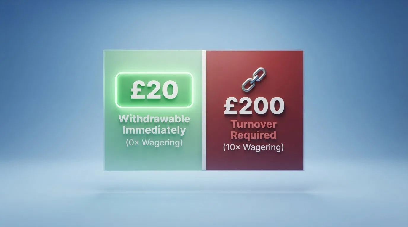 A split comparison graphic: on the left, free-spin winnings marked “£20 — withdrawable as cash (0× wagering)”; on the right, the same £20 with a chain icon and “£200 turnover required (10× wagering)”