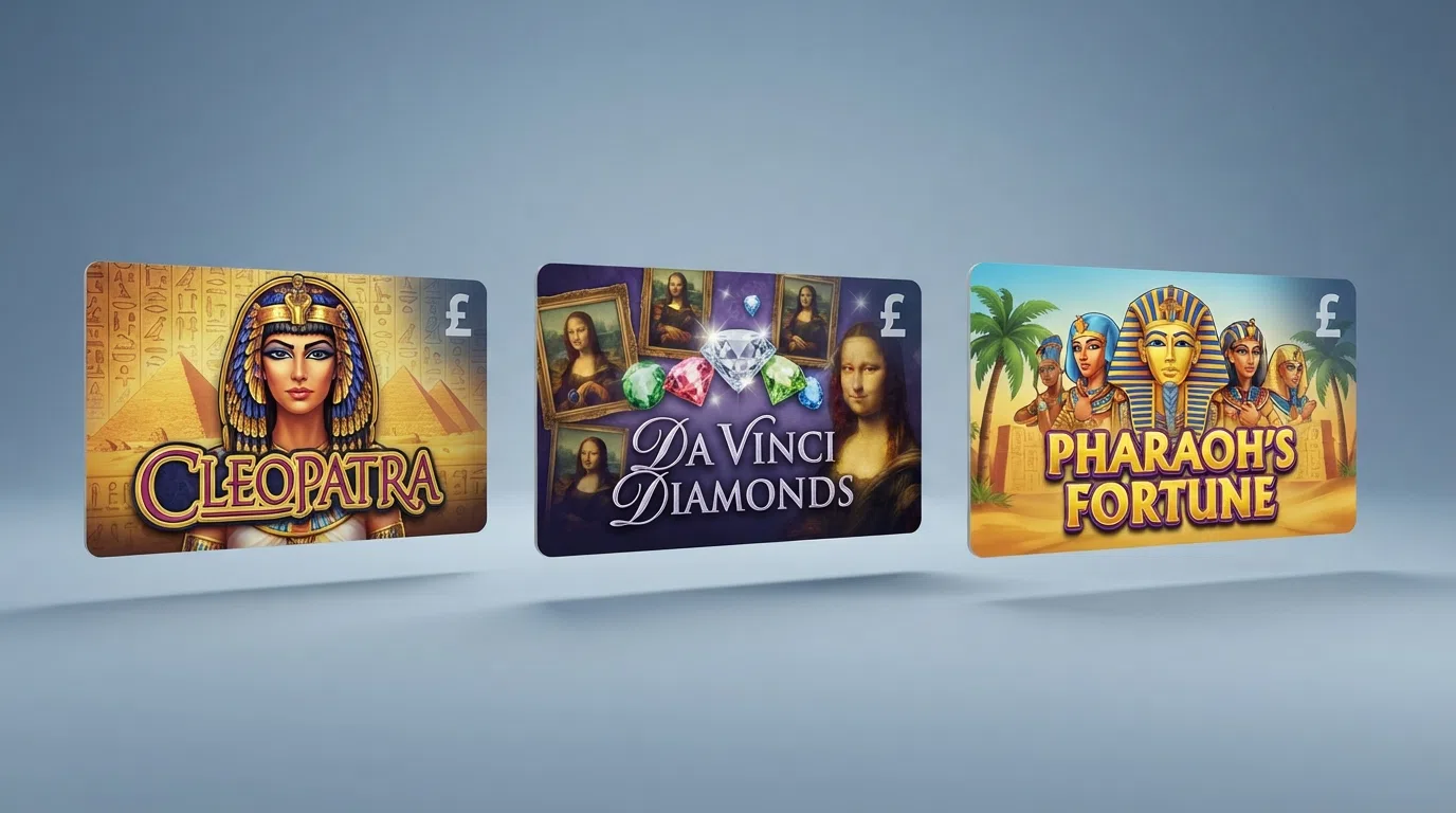 Three IGT slot title cards (Cleopatra, Da Vinci Diamonds and Pharaoh's Fortune) displayed side by side with their RTP percentages and volatility labels overlaid