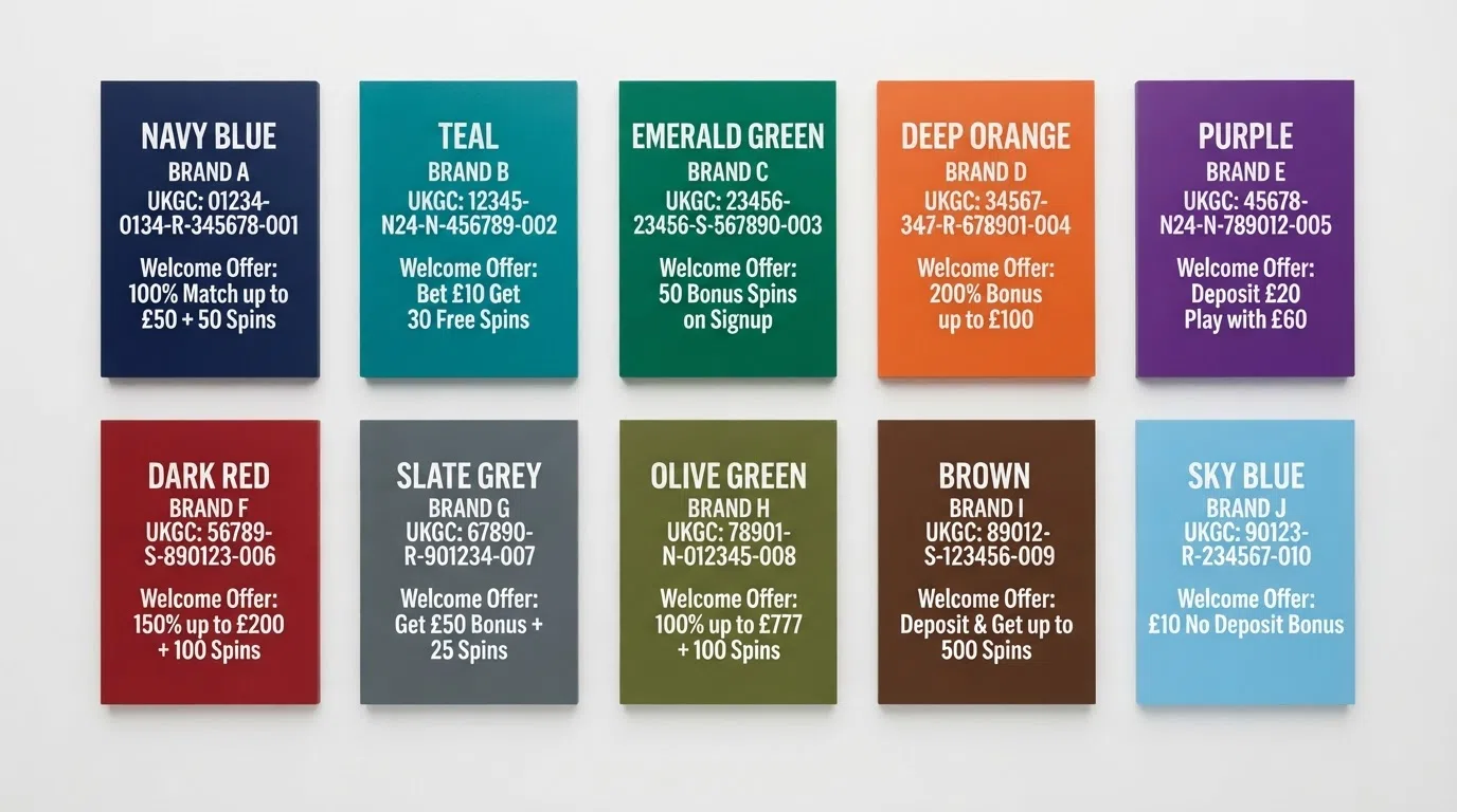 Ten casino brand name cards arranged in a clean grid, each showing a unique UKGC account number and a distinct welcome-offer summary, with no connecting lines between any card