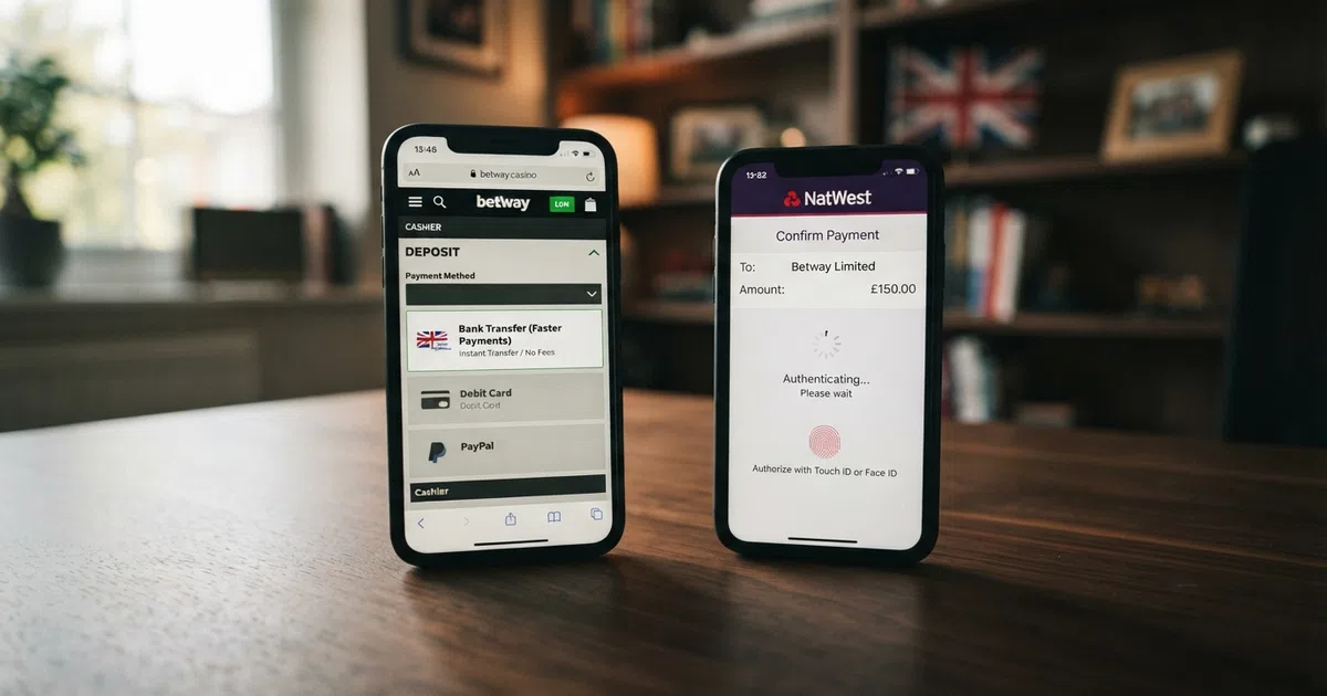 A UK online casino cashier screen showing the bank transfer deposit option highlighted among payment methods, with a smartphone displaying a banking app authentication screen beside it
