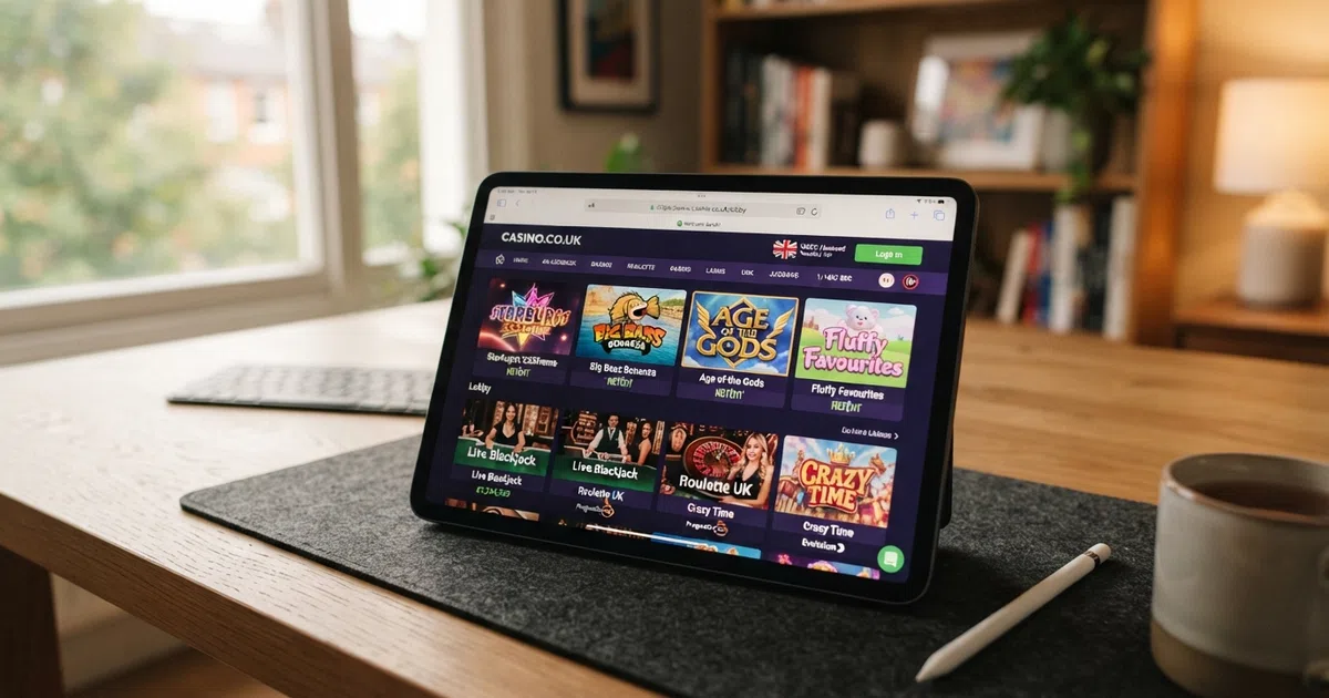 iPad screen displaying a UK-licensed online casino lobby with slot and table-game thumbnails arranged in a grid, Safari address bar visible