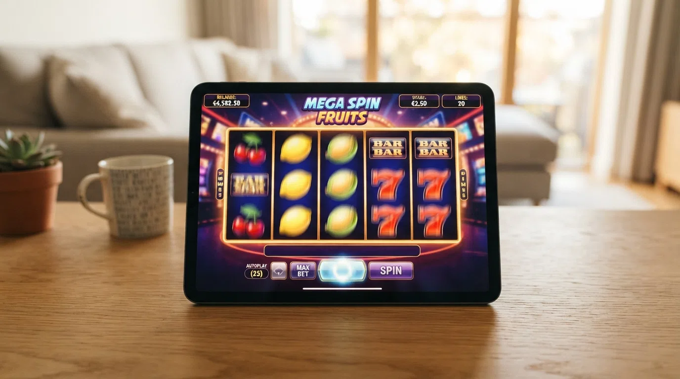 iPad in landscape orientation running a slot game, reels visible mid-spin, stake and balance display legible on screen