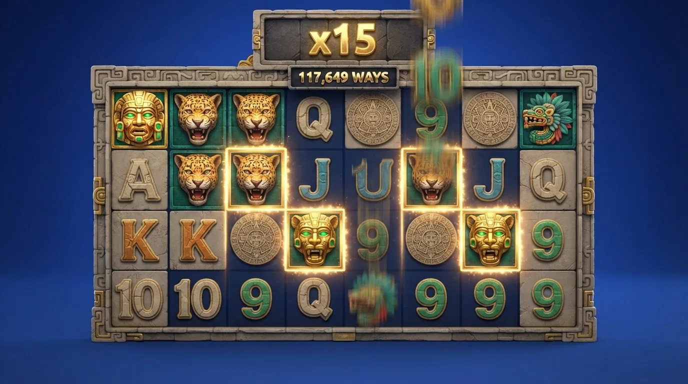 The cascading-reels mechanic of an iSoftBet Megaways slot mid-spin showing the tracker reel and multiple symbol rows on a smartphone screen
