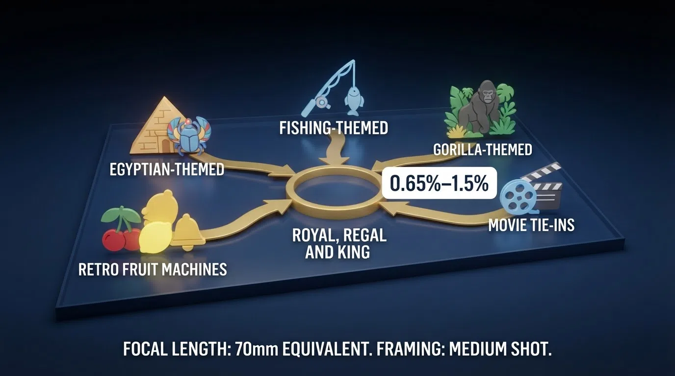 A diagram showing multiple slot titles — Eye of Horus, Fishin Frenzy, King Kong Cash, The Goonies — feeding arrows into a shared jackpot pool labelled Royal, Regal and King, with a percentage callout showing the 0.65%–1.5% contribution per stake