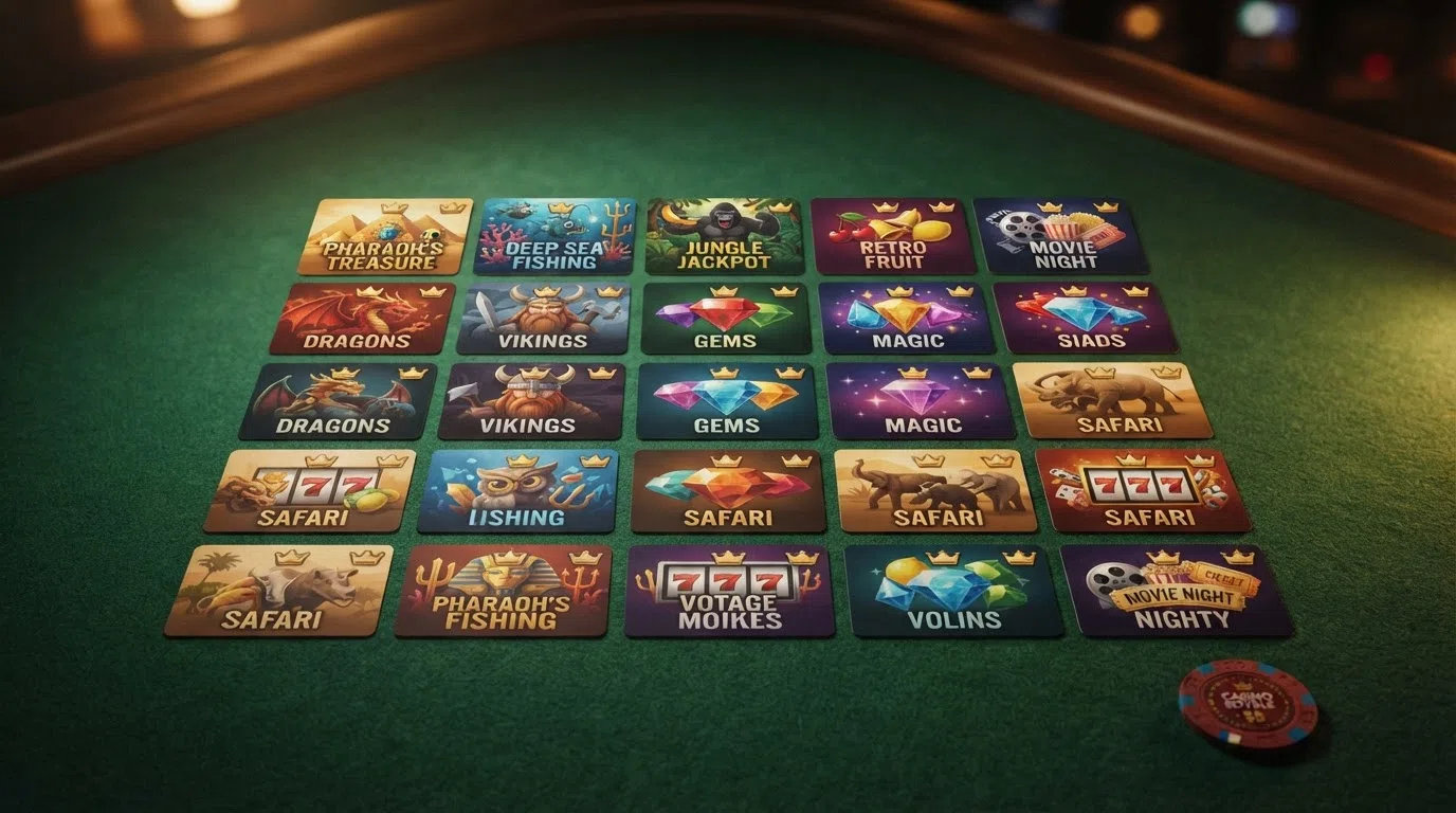A grid of Jackpot King slot title cards showing Eye of Horus, Fishin Frenzy Big Catch, King Kong Cash Go Bananas, Mega Bars Fortune Wheel, The Goonies, Deal or No Deal, Ted, and 7s Deluxe, each with its distinctive artwork and the Jackpot King crown badge