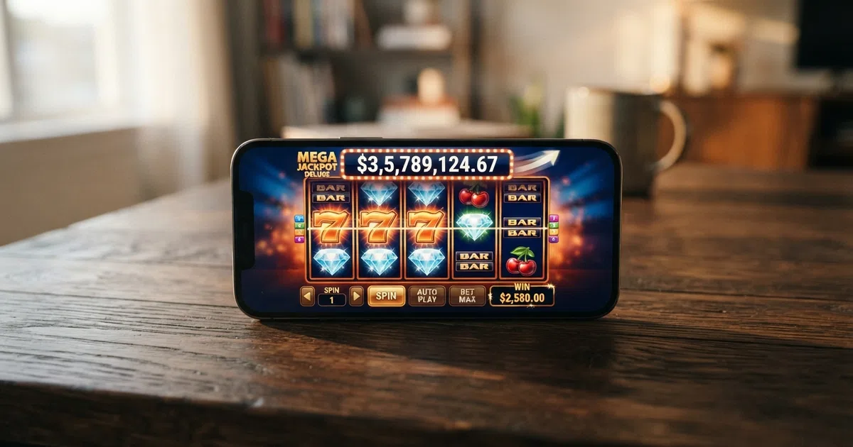 A mobile phone held in one hand showing a bright slot machine with a large jackpot counter across the top