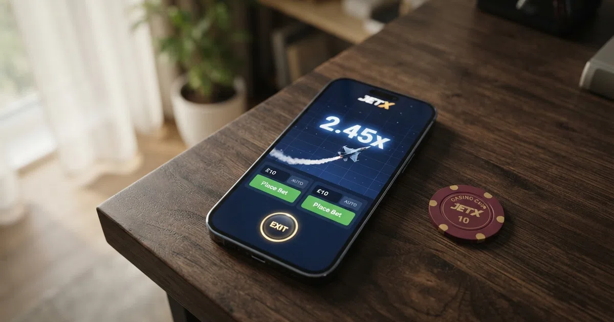 JetX crash-game interface on a smartphone screen showing a jet in mid-flight with a rising multiplier and the cash-out button highlighted