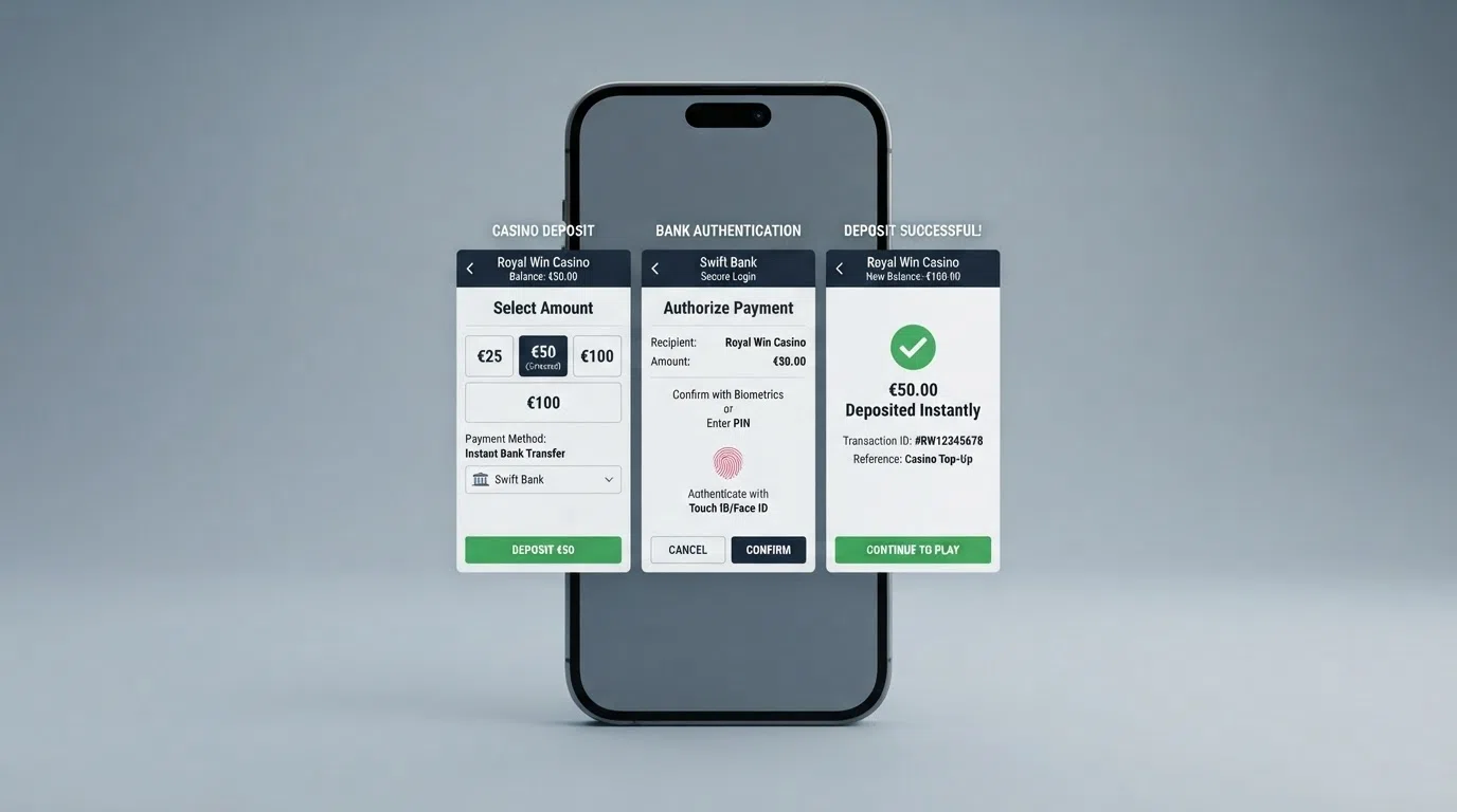 A step-by-step sequence on a phone screen: selecting deposit amount in a casino app, authenticating with a banking app, and seeing the balance update
