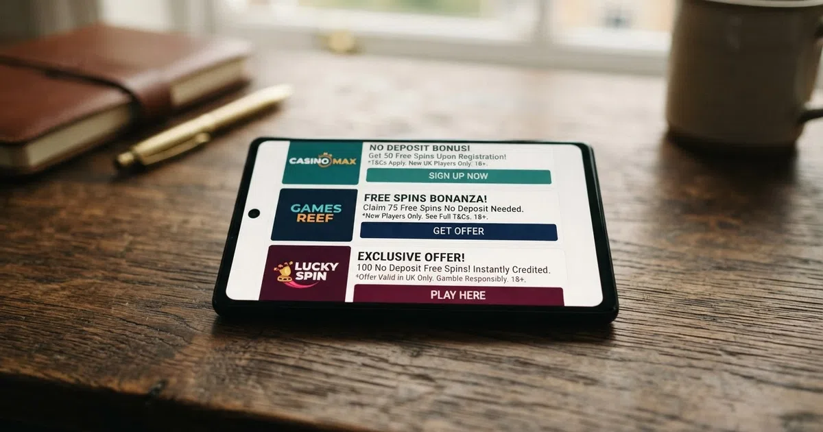 A row of UK casino welcome screens displaying no-deposit free spin offers on a smartphone, with UKGC licence numbers visible in each site footer