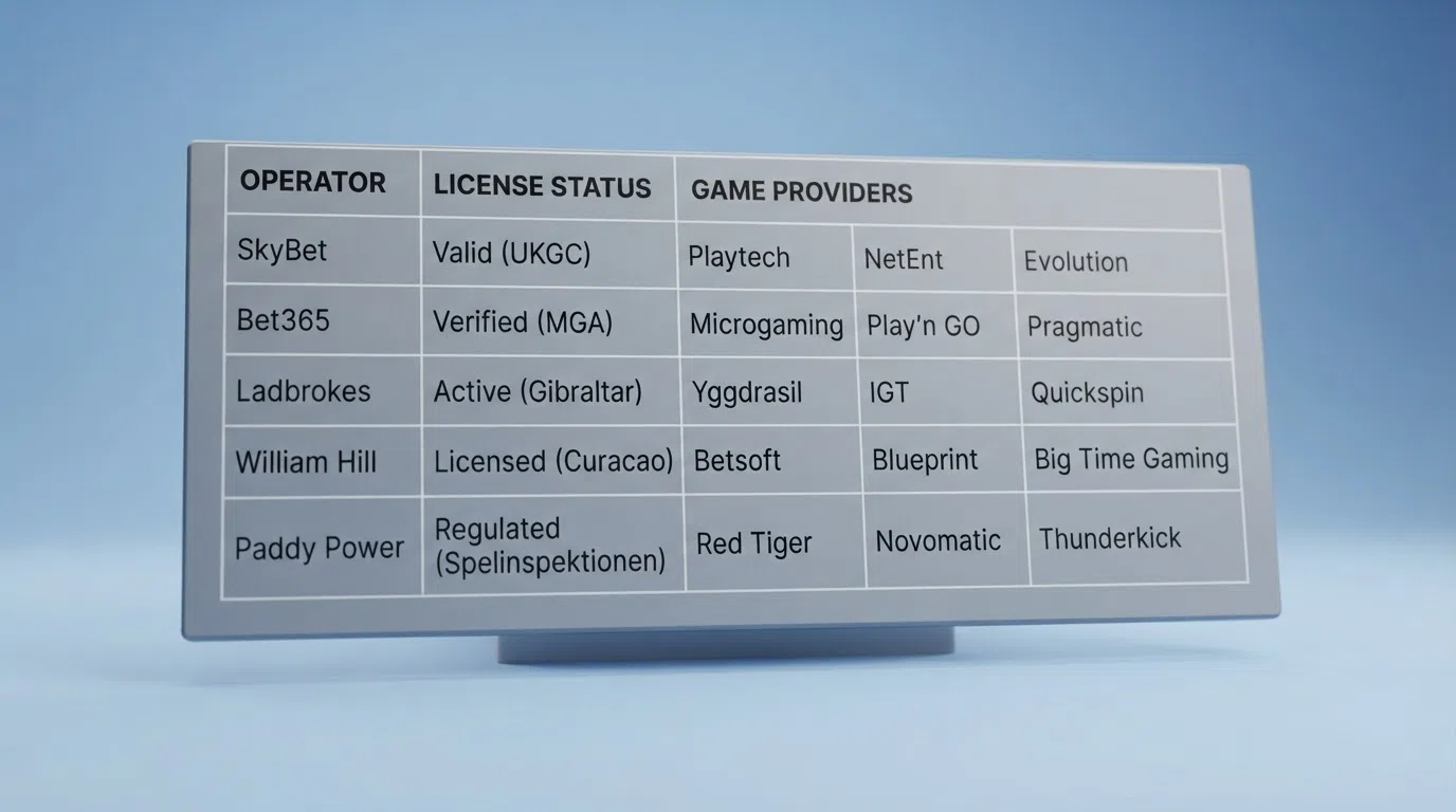 A comparison table listing ten UK operator names with licence and provider columns.