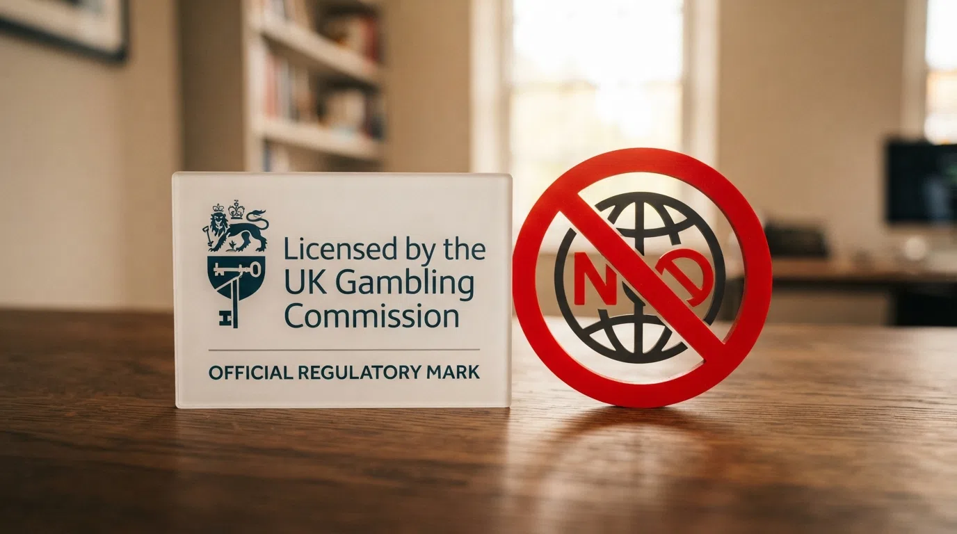 A UK Gambling Commission licence mark placed beside a red warning symbol for offshore sites