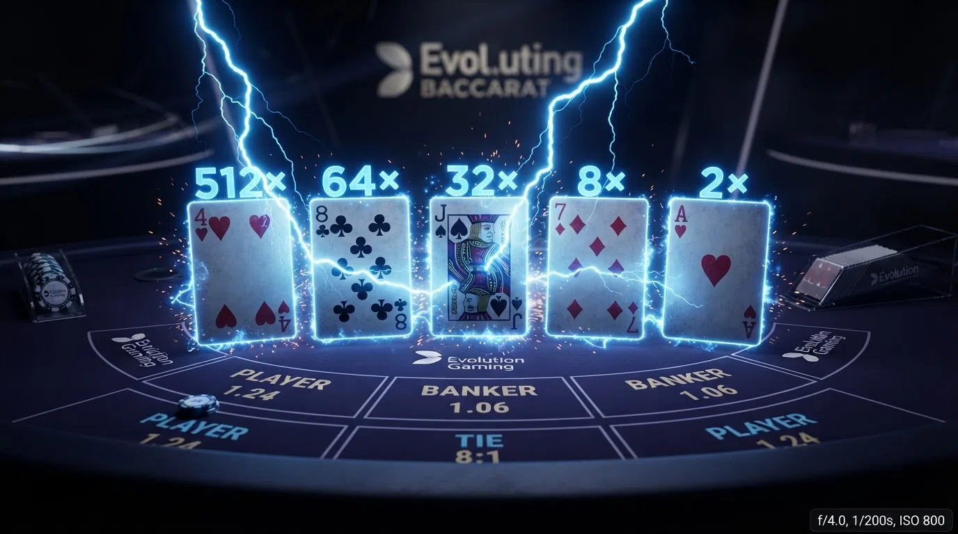 A Lightning Baccarat game screen showing randomly selected cards struck by lightning multipliers, with the 512× maximum multiplier visible on one card and the standard betting layout beneath