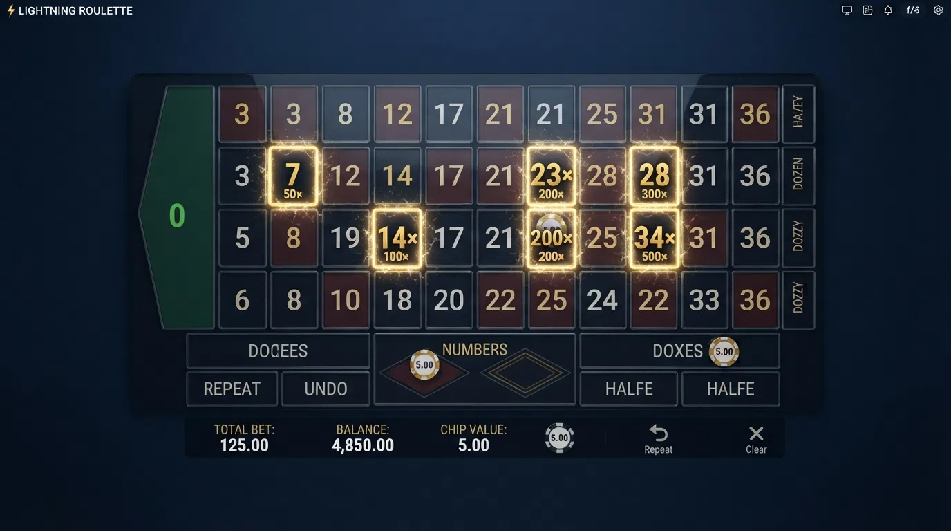 The Lightning Roulette betting interface showing the numbered grid with highlighted Lucky Numbers and their assigned multiplier values (50× to 500×) displayed on screen