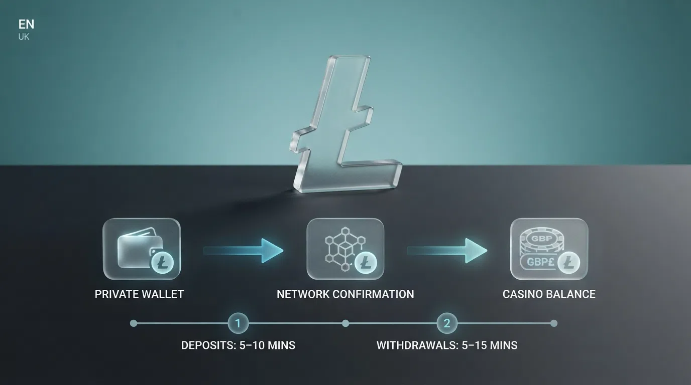 A simplified visual of the Litecoin deposit path — wallet to network confirmations to casino balance — with a timeline showing typical wait durations at each stage