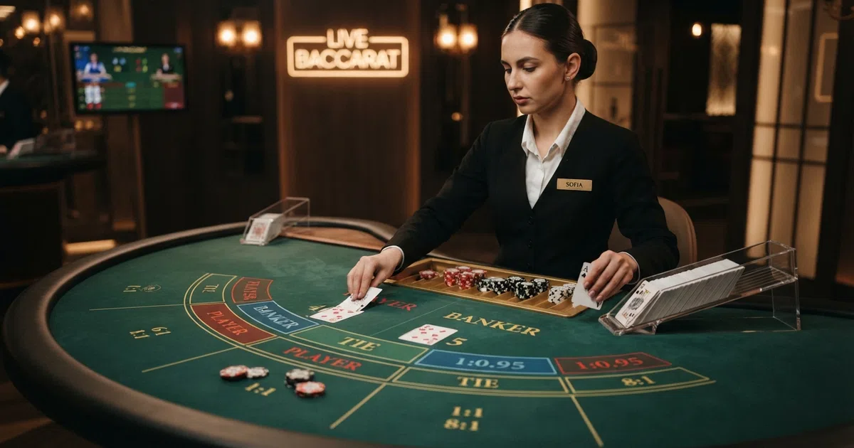 A live dealer at a baccarat table dealing cards from a multi-deck shoe, with the digital betting interface overlaid on the stream showing Player, Banker and Tie betting areas
