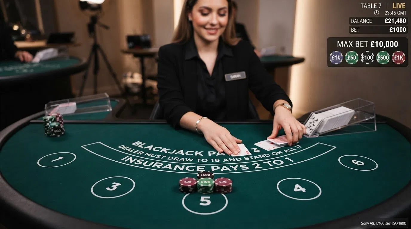 A live-dealer blackjack table at a premium online casino, with the table-limit display showing a £10,000 maximum bet, the dealer visible in the stream and the game interface showing chip denominations