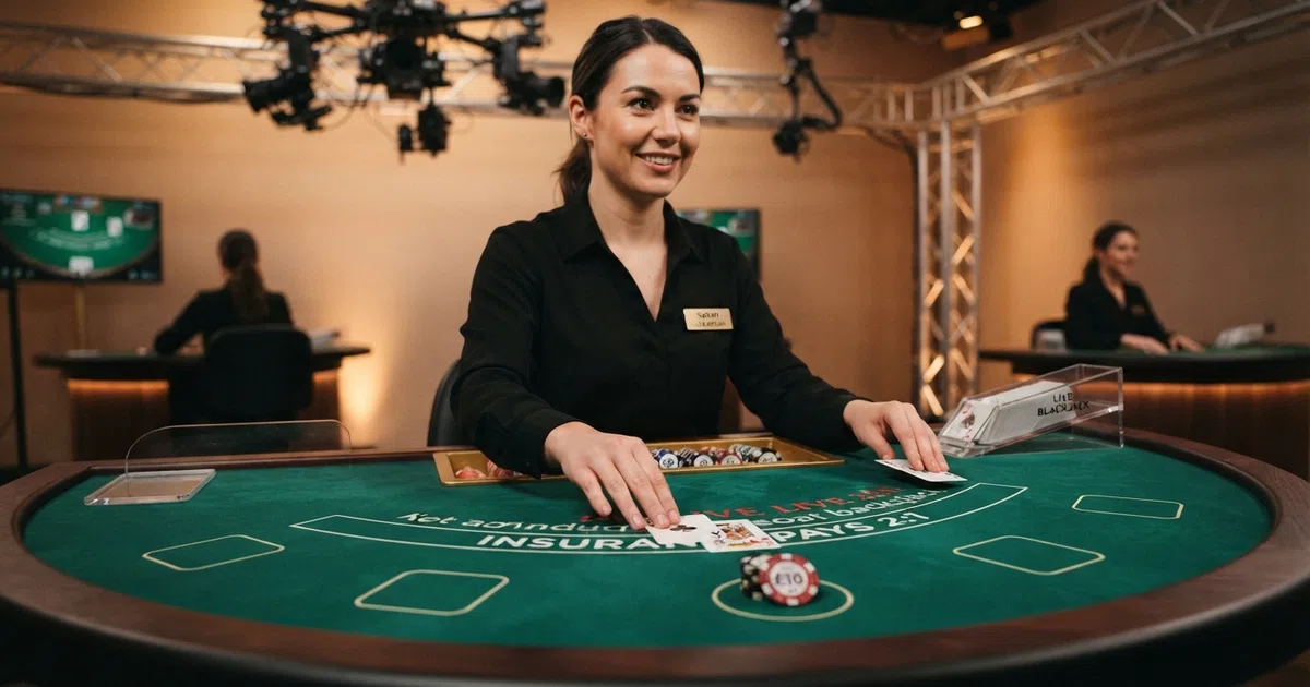 A live blackjack dealer at a casino table, cards visible on the green felt, streamed from a professional studio with multiple camera angles