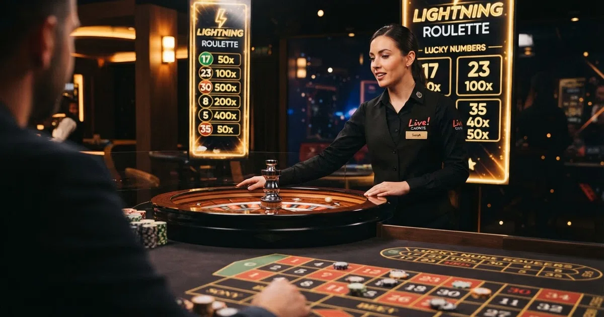 A live-dealer Lightning Roulette table in a studio setting, showing the wheel, betting grid and a dealer mid-game with the lightning-strike visual effect active on the screen