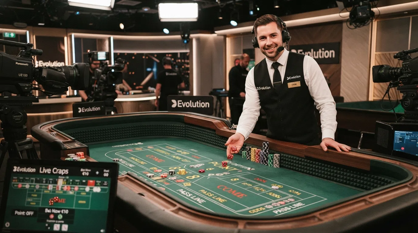 A live dealer craps studio with a professional croupier standing behind a full-size craps table, cameras positioned around the table rail, and the digital betting overlay visible on-screen