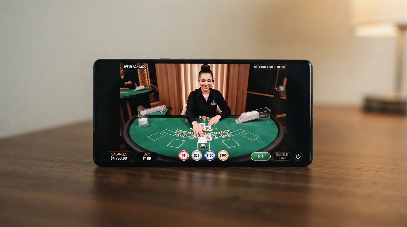 An Android phone in landscape orientation displaying a live-dealer blackjack table with real cards on the felt, chip-denomination buttons along the bottom edge and a session-timer overlay in the corner