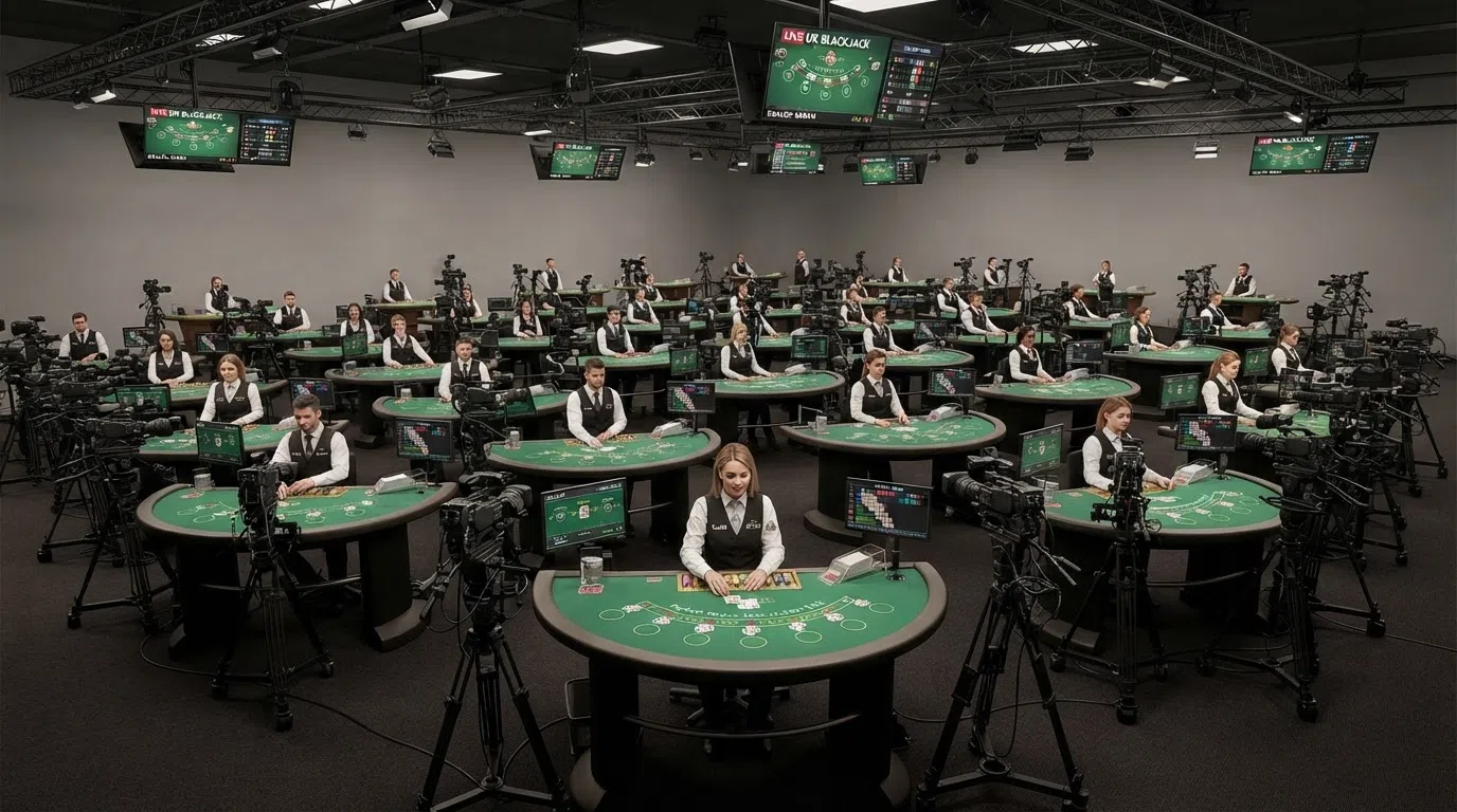 A wide shot of a live casino studio floor showing multiple blackjack tables with dealers, camera rigs and production equipment