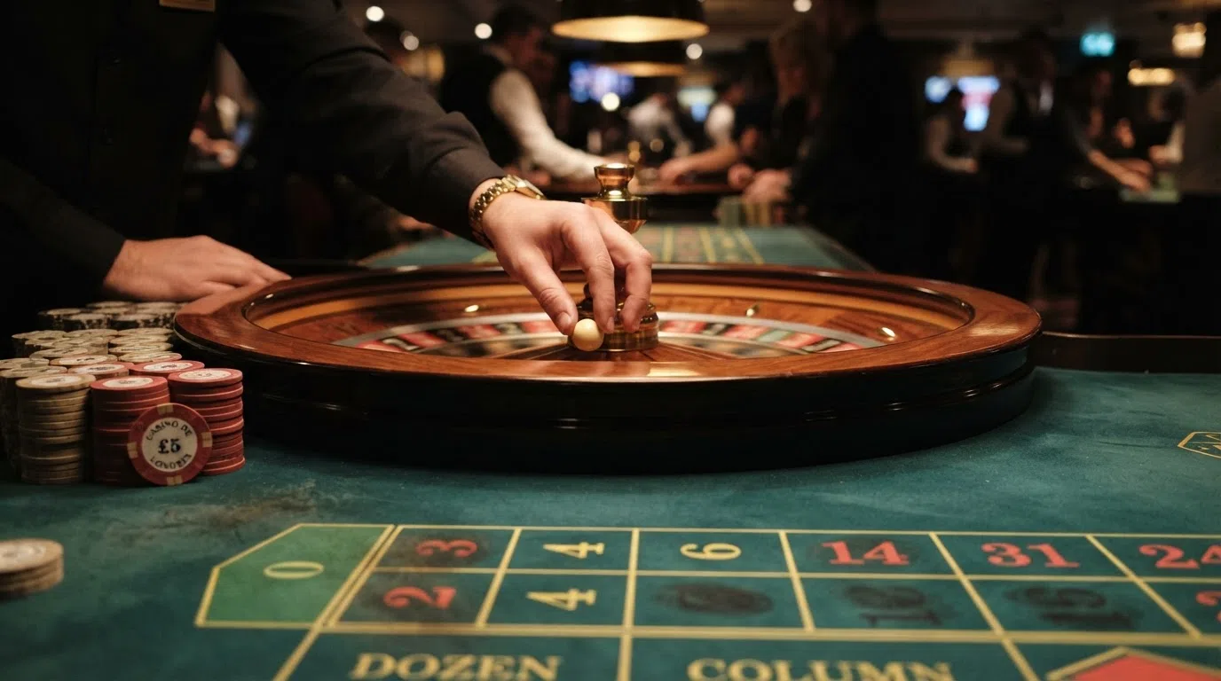 Close-up of a dealer's hand placing the ball onto a spinning roulette wheel, the betting grid and chip stacks visible on the table