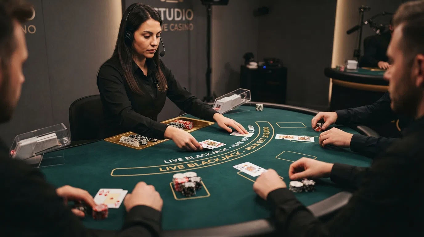 A live blackjack table streamed from a studio, with the betting-limit overlay showing a £10,000 maximum