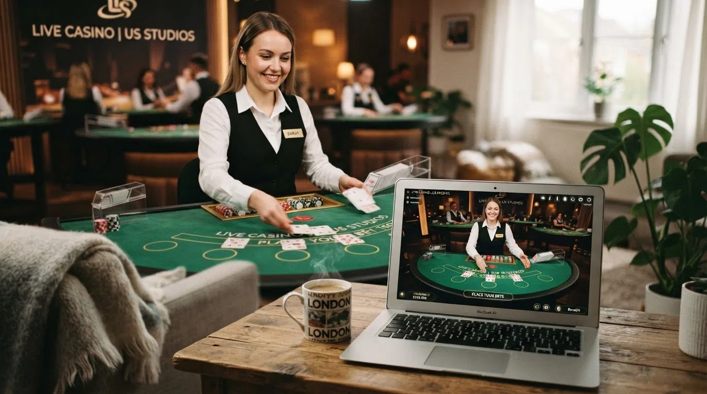 A live blackjack table from a US-facing studio, dealer in frame, with a laptop screen in the foreground showing the same table from a UK living-room perspective