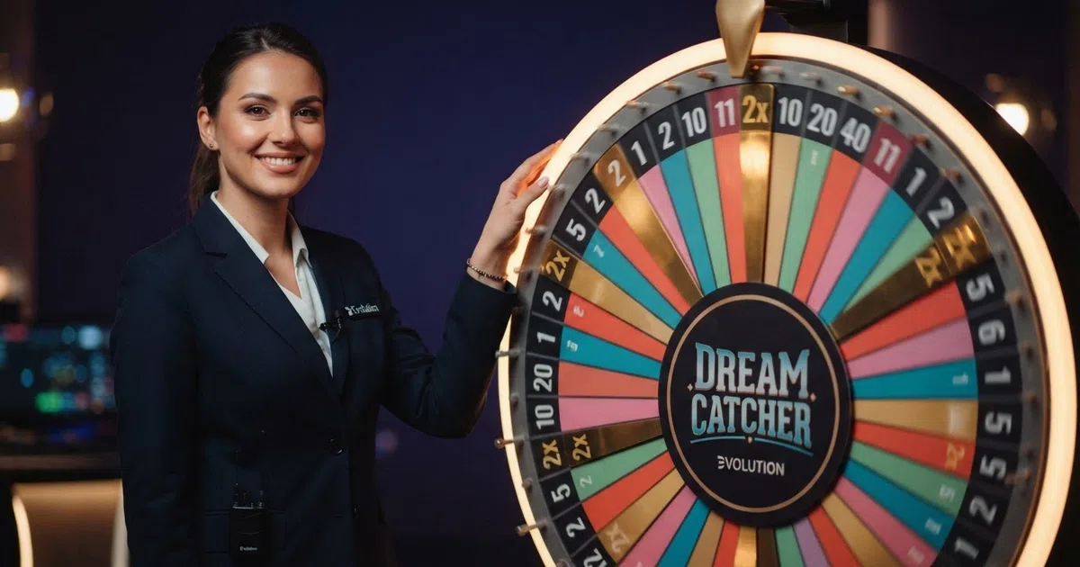 A live dealer hosting a Dream Catcher round in an Evolution Gaming studio, one hand on the money wheel with its coloured numbered segments and multiplier pegs visible under studio lights