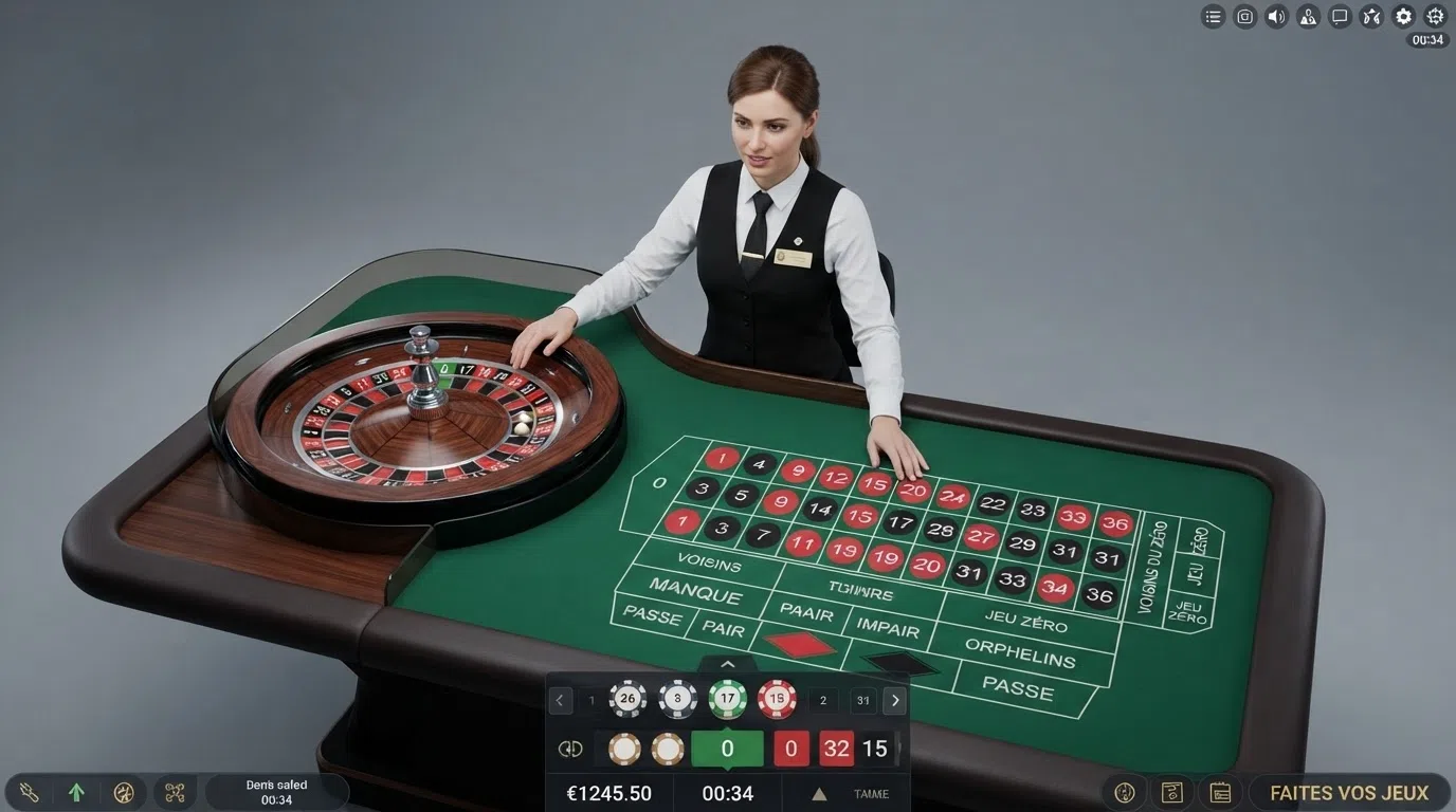 A split or side-by-side view of a live dealer French roulette studio, showing the croupier at the wheel with the betting interface overlaid on screen, capturing the broadcast-quality production of a live casino stream